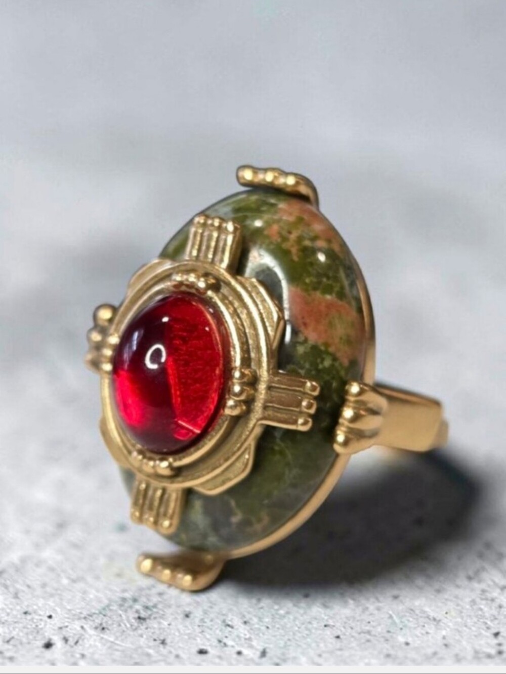 Chunky Antique Gold Byzantine Genuine Unakite Stone Ruby Glass Cabochon Ring